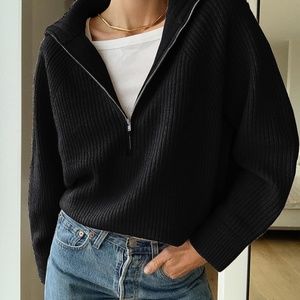 BTFBM Women’s Casual Long Sleeve Half Zip Pullover Sweaters Solid V Neck Collar